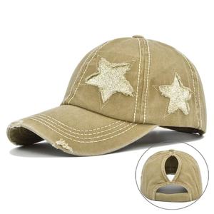 New Style Distressed Plain Design Ponytail Baseball Cap Featuring a Glittery Five Pointed Star and Washed Vintage Finish <b>Hat</b> - Product Image 1