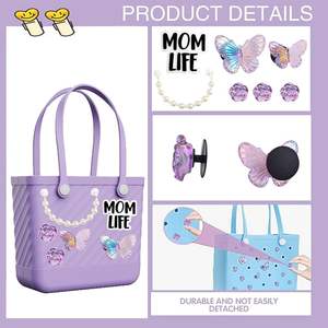Bogg Bag Charms Purple Floral Butterfly Decor avec chaîne de perles Beachy Insert Accessoires pour femmes Girl Bogg Totes Sacs à main - Product Image 2