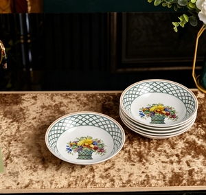 <b>Green</b> Lattice Fruit Pattern Ceramic Soup Plate Set 6 Pieces For Salad Pasta And Soups - Product Image 1
