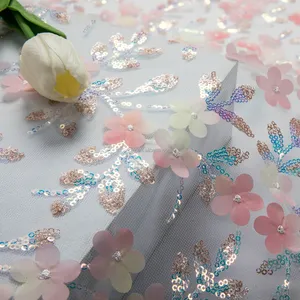 Fornecedor De Tecido Venda Quente Lantejoula Bordado De Noiva De Tule 3D Malha De Renda Vestido De Casamento Flor Bordado Tecido