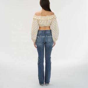 Top Corto con Estampado Floral para Mujer, Nuevo y Moderno, con Hombros Descubiertos, Manga Larga, Volantes y Cordón Ajustable, Sexy, para Verano - Product Image 2