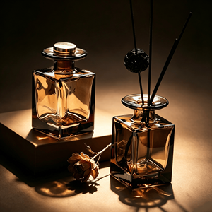 Bouteille vide de diffuseur de parfum à bâtonnets de 150 ml, carrée, épaisse, couleur ambre, avec bouchon, à bord évasé, personnalisable, de qualité supérieure - Product Image 1