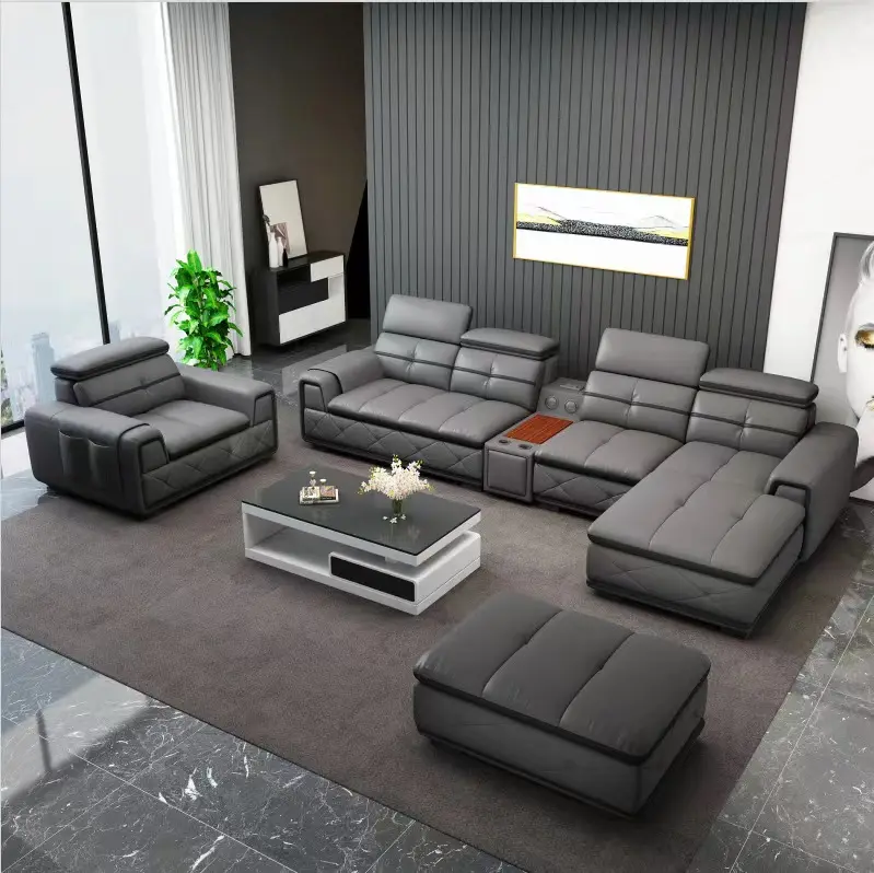L-образная Европейская Многофункциональная Мебель для гостиной, 7 мест, деревянное современное зарядное устройство, кожаный умный аудио диван