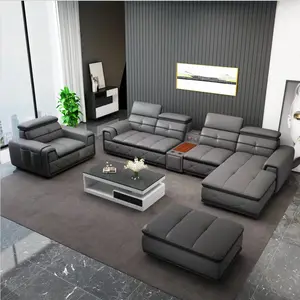 Muebles de sala de estar multifuncionales personalizables europeos en forma de L, cargador moderno de madera de 7 asientos, conjunto de sofá de Audio inteligente de cuero