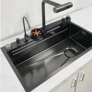 欧洲多功能厨房水槽304不锈钢现代枪灰色瀑布降雨单碗厨房水槽套装