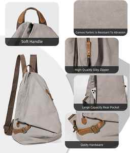 Sac à dos minimaliste en toile, forme goutte d'eau, coque souple, léger, fermeture éclair, unisexe, usage quotidien, gris avec bretelles marron - Product Image 3