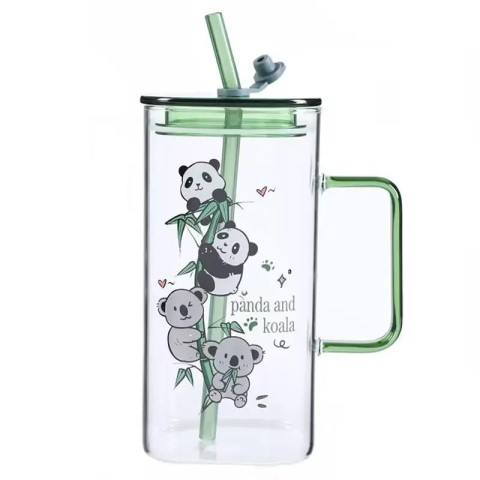 Hot Sale New Design Bottles Panda and Koala Water Milk Cups Lids Juice Glass Mugs With Straw Light Luxury