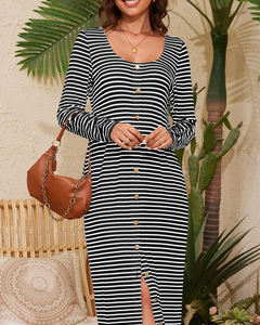 Vestidos largos de punto a rayas para mujer modesta clásica, vestidos elegantes con cuello en U y abertura alta, prendas de punto de calle a la moda con botón frontal - Product Image 5
