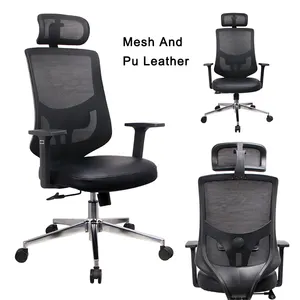 Luxury Adjustable Mesh Back PU Leather Seat Ergonomic Chair Black Swivel Executive Office Chair