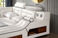 Modernes Leder-Smartbett mit Massagefunktion Stauraum Bluetooth-Lautsprecher Multifunktional Verstellbar Kingsize Kunststoffrahmen Luxus-Schlafzimmer