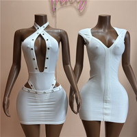 Jiuabju Ensemble 2 Pièces Femme : Robe Courte à Bretelles Col V Uni avec Effet Amincissant à la Taille et Body Halter Sexy à Découpes Métalliques, Jupe Mini Taille Haute