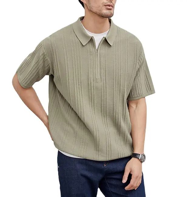Best Quality Soft Cotton Polo Shirts loose fit Golf Men Vertical stripe jacquard zipper lapel knit T-shirt Polo T Shirt