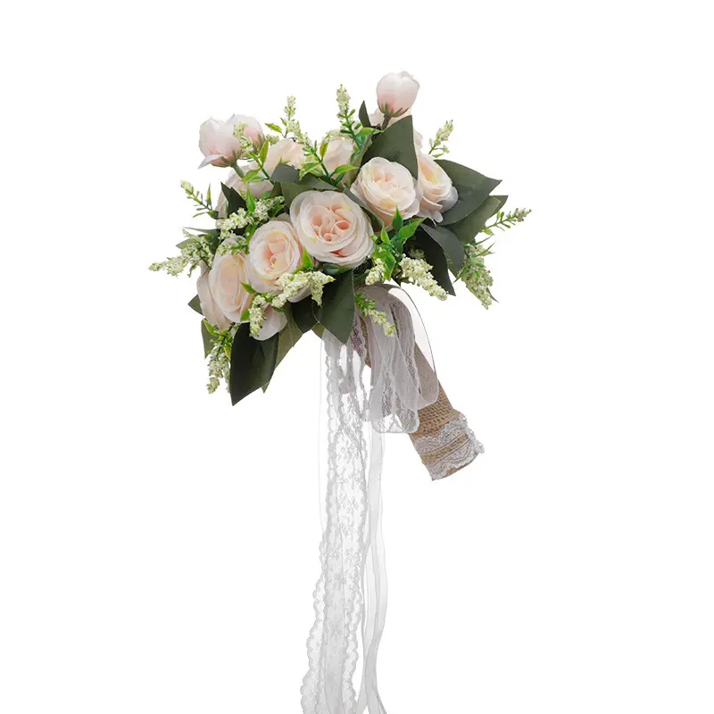Yüksek kalite gelin düğün yapay el yapımı beyaz güller el buket dantel buket düğün dekorasyon