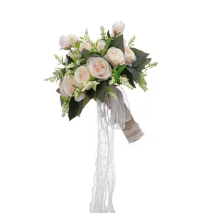 High Quality Bridal Wedding Artificial Handmade White Roses Hand Bouquet Lace Bouquet Wedding Decoration