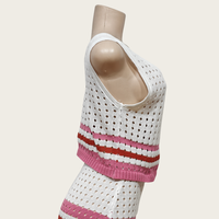 Nouvelle robe en tricot pour femmes d'été, ensemble 2 pièces, col rayé, costume creux, style court, veste fendue, jupe longue pour femmes