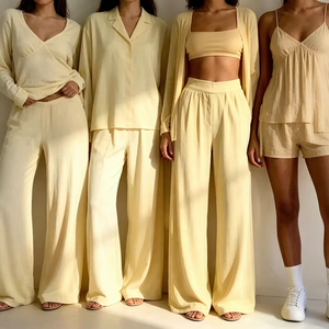 Custom Eco Friendly Women Pajamas Set Yellow Cotton Bamboo Knit Long Top Pants Cardigan Shorts Soft Loungewear <b>Pjs</b> Night Suits - Product Image 1