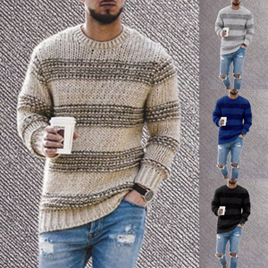 Pull rayé pour homme, coupe ajustée, col rond, manches longues, tricot, automne-hiver, mode jeune, style européen et américain - Product Image 1