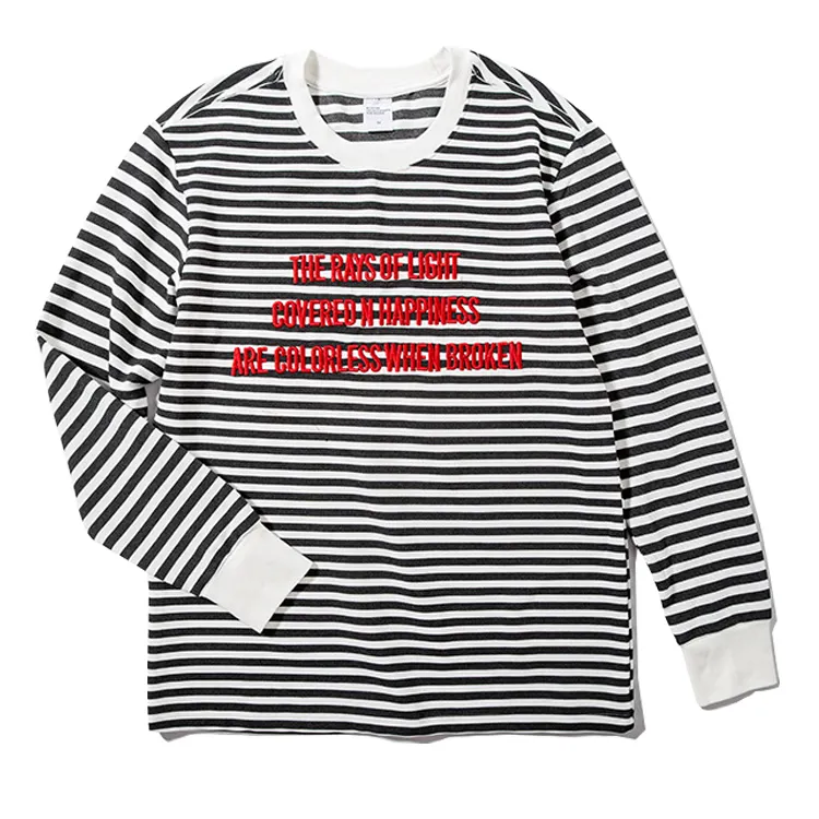 OEM ODM Yarn Dyed Striped Long Sleeve T Shirt Men with 3D Embroidery