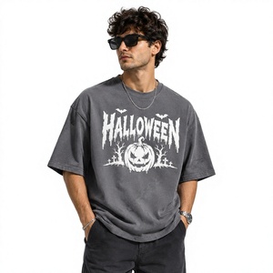 Custom Halloween Graphic T Shirt 3D Puff Print Pumpkin Bat Graveyard Design Grey Oversized Cotton <b>Tee</b> for Men Women Streetwear - Product Image 1