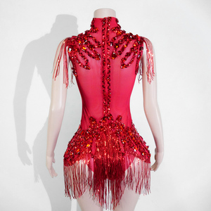 Justaucorps Scintillant Rouge Rubis Passionné avec Franges en Strass pour Danse Flamenco, Tango, <span class=keywords><strong>Samba</strong></span>, Spectacle, Diva, Showgirl, Tenue de Scène, Événementiel - Product Image 3