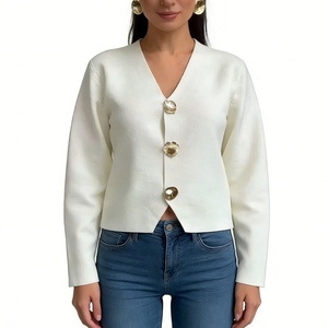 เสื้อคาร์ดิแกนถักคอวีชายไม่สมมาตรสำหรับผู้หญิง - เสื้อสเวตเตอร์แขนยาวติดกระดุมสีทองแฟชั่น - Product Image 6