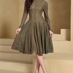 Vestido Elegante a la Moda con Cuello Redondo, Mangas Largas, Bordado, Estilo Casual, Midi, para Mujer, Verano - Product Image 1