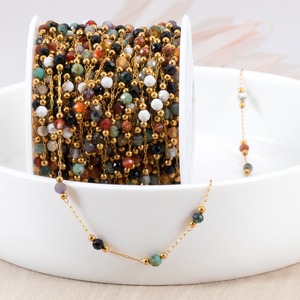 Chaîne de perles facettées en acier inoxydable |   Chaîne de cristaux multicolores et de pierres naturelles vendue au mètre pour la fabrication de colliers et de bracelets - Product Image 2