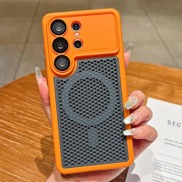 Wholesale  Mesh Cooling Magnetic Phone Case with Lens Film for Galaxy S24 Ultra 5G  (Orange)