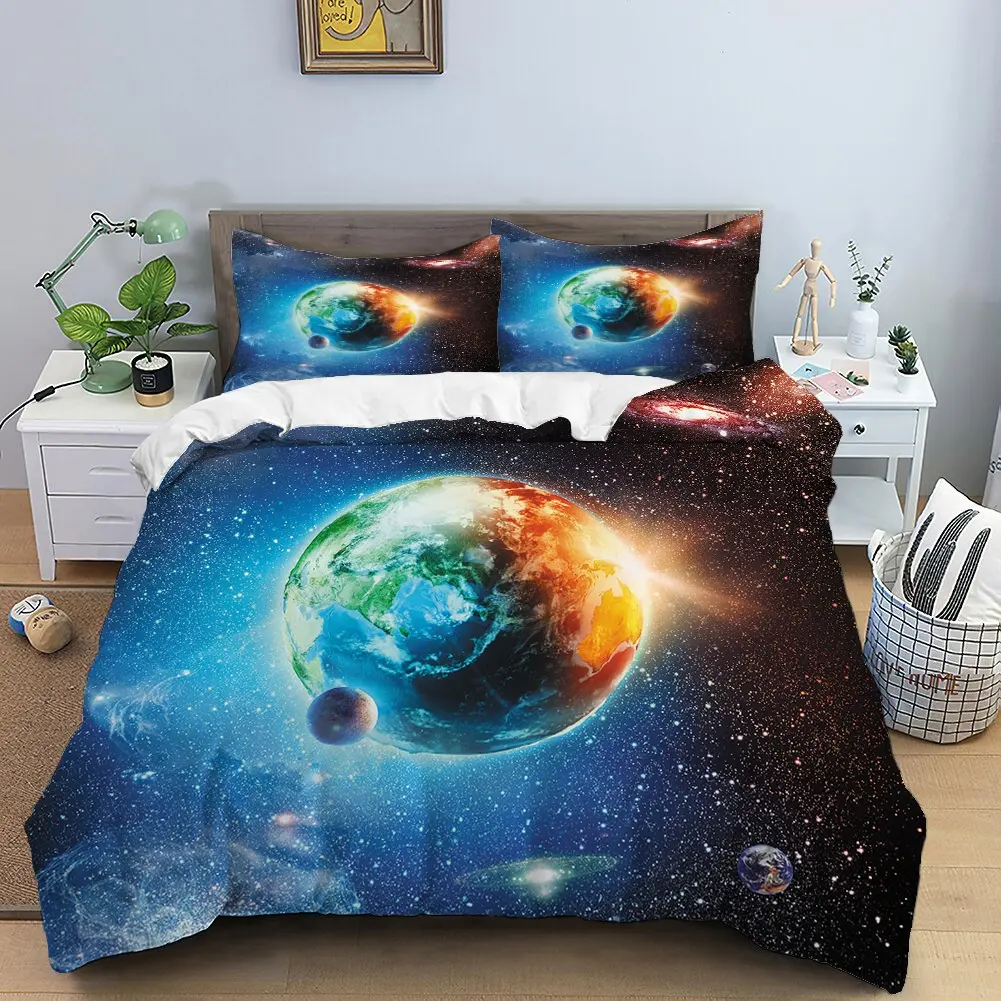 Digital Printed Starry Sky Galaxy Bed Three Pieces Set Kids Bed Sheet Comforter Uvets Bedding Set High Quality Reactive 3D 3 Pcs