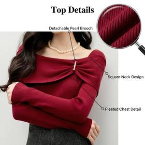 CHIU SHUI Maglione a Costine Monospalla Chic da Donna Rosso con Spilla di Perle e Dettaglio Fiocco - Edizione Natalizia - Product Image 2