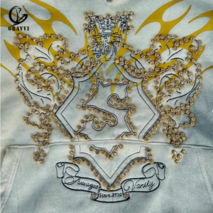 เสื้อฮู้ดดี้โอเวอร์ไซส์ลายเปลวไฟประดับเพชรเทียม แบบหนา สำหรับทีมหรือมหาวิทยาลัย รับผลิตแบบ OEM ODM และ Private Label - Product Image 2