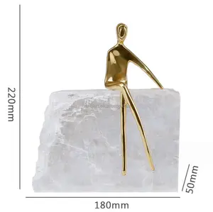 High Quality Handmade Crystal Artificial Copper Figure Abstract Art Statues Creative Home Decor Ornament With Natural Stone Base