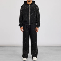 Ensemble de survêtement noir évasé en coton avec logo imprimé en strass et effet vieilli, style streetwear personnalisé, deux pièces pour homme (hoodies et pantalons de survêtement)