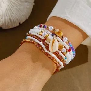 Summer Boho Cowrie Bracelet <b>Set</b> Multilayer Colorful Rice Beads Stretch <b>Bangles</b> Bracelet for Women Beach Vacation Jewelry - Product Image 2