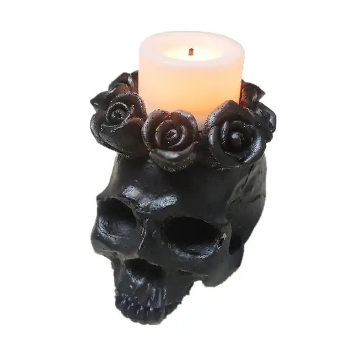 SKULL Tealight CANDLE HOLDER, Realistic Black Resin Skull w/ Roses, Gothic  Gift