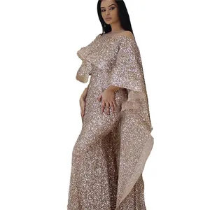 Uzun pelerin gül altın lüks payetli Mermaid Maxi stil abiye Sparkle balo elbise uzun örgün önlük Serene tepe LA60937