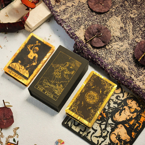 Jeu de cartes de tarot en feuille d'or, jeu de cartes de divination imperméables en plastique avec guide, jeu cadeau - Product Image 3