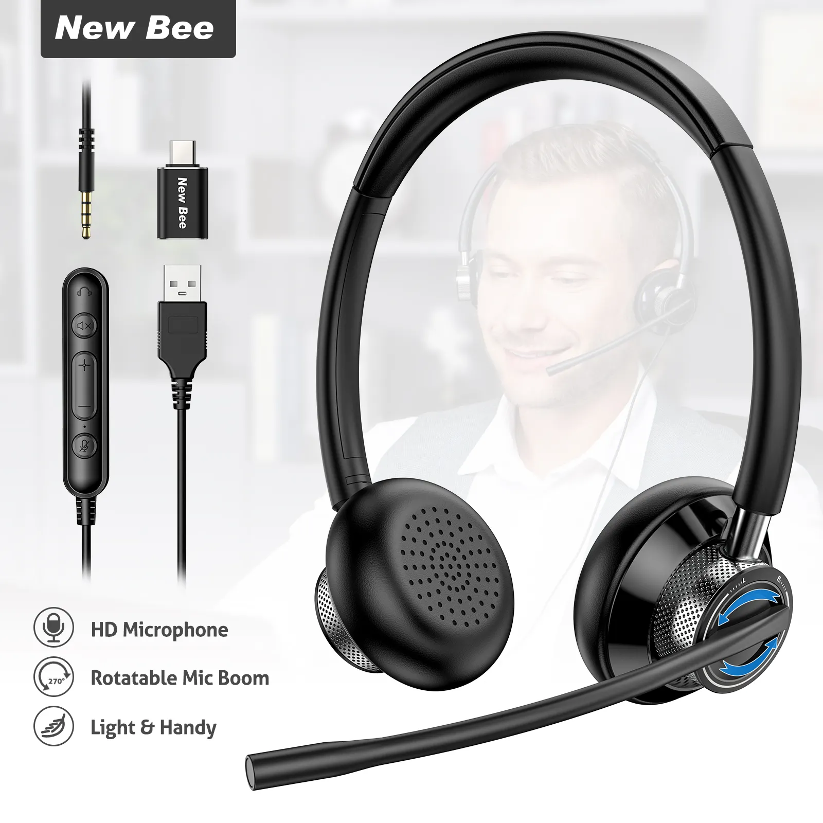 New Bee H361 Head Phone Earpiece Wired Earphones Call Center Headset Noise Cancellation Wire Headphones with Mic