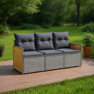 Sofá de Jardín Gris para Exteriores, Tres Plazas, Ratán PE, Cojines Impermeables, Diseño Contemporáneo - Product Image 2