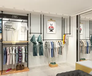 ร้านบูติกสมัยใหม่ เฟอร์นิเจอร์ ชั้นวางเสื้อผ้าบูติก ไอเดียการออกแบบตกแต่งภายในร้าน บูติก จอแสดงผล อุปกรณ์จัดเก็บของร้าน