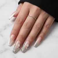 24 faux ongles carrés longs à presser, style français, avec strass et décorations en forme de goutte d'eau, pour manucure DIY, idéal pour les mariées