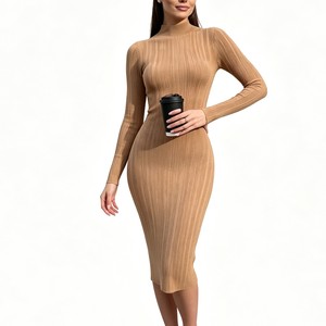 Vestido Midi Bodycon de Malha Canelada com Gola Alta Sem Mangas para Mulheres, Elegante, Cor Sólida, Modelo Tubinho, Fornecedor de Vestidos Femininos Sehe Fashion - Product Image 4