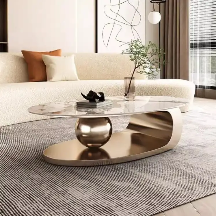 Mesa de centro de placa de roca ovalada de estilo nórdico, mesa auxiliar de Metal de acero inoxidable Simple para el hogar para combinación de sala de estar
