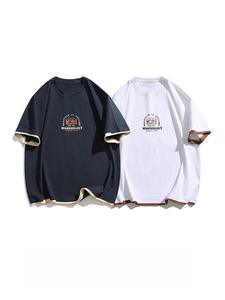 T-shirt à manches courtes pour hommes et femmes, style japonais rétro, imprimé lettres, col rond, color-block, tendance, marque Su - Product Image 3