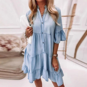 Mini Abito in Denim con Scollo a V e Maniche a Volant, Vestito Estivo da <span class=keywords><strong>Donna</strong></span> alla Moda, Abito Corto Boho a Strati per Spiaggia e Vacanze - Product Image 1