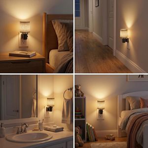 Veilleuse à brancher en tissu lin, 0-100% dimmable, avec capteur crépusculaire, pour chambre, couloir et salle de bain - Product Image 2