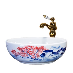 Lavabo de Cerámica Antiguo Hecho a Mano con Diseño de Flor de Ciruelo Pintado a Mano en China - Product Image 1
