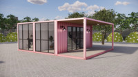 Maison préfabriquée moderne de luxe avec une chambre, une salle de bain, une cuisine, maison conteneur rose