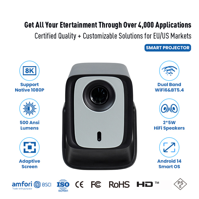 High Lumen Portable Smart Projector Native 1080P Android 14 Wireless Projector with Autofocus and Keystone Correction