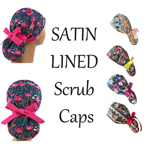 Gorros de Enfermera con Estampado de Gatito de Dibujos Animados, Gorro con Forro de Satén para Mujer, Gorros Quirúrgicos para Cabello Largo con Botones y Lazos - Product Image 5